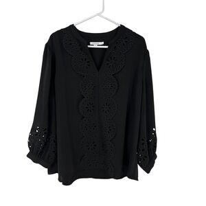 Chicos Black Eyelet Blouse Sz 3 US 16 Scalloped Trim DressyTop Teacher Normcore